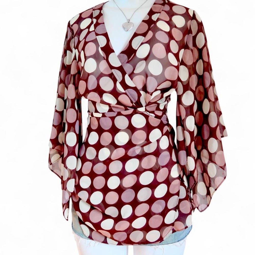 Y2K brown pink polka dot wrap blouse